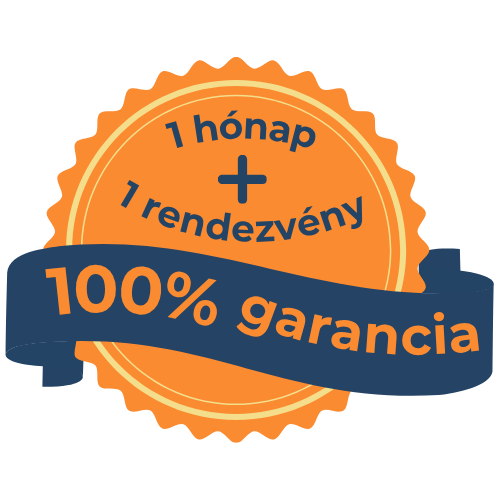 Arany garancia jelvény ‘1 hónap 1 rendezvény – 100% garancia’ felirattal az Élménykör klubtagsághoz.